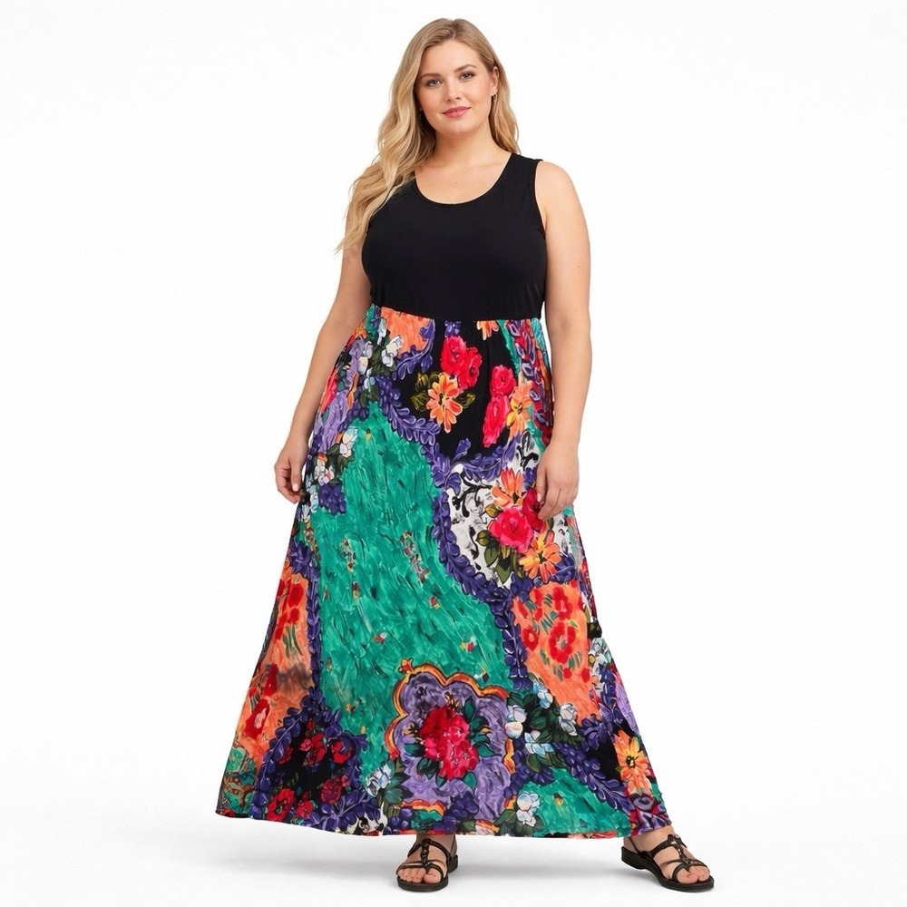 Carole Little Maxi Dress Size 14 Black Sleeveless Floral Patchwork Boho‎ Long